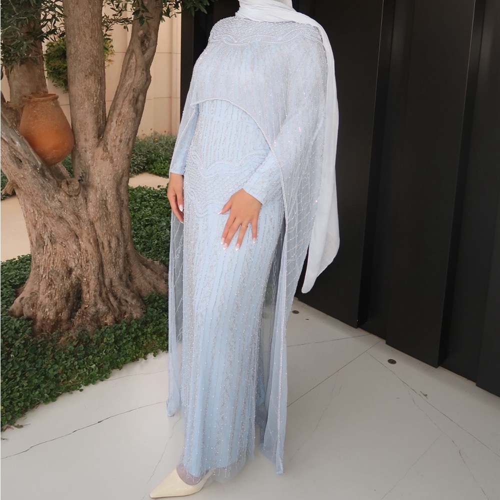 Shimmi Modest Long Sleeve Light Blue Gown